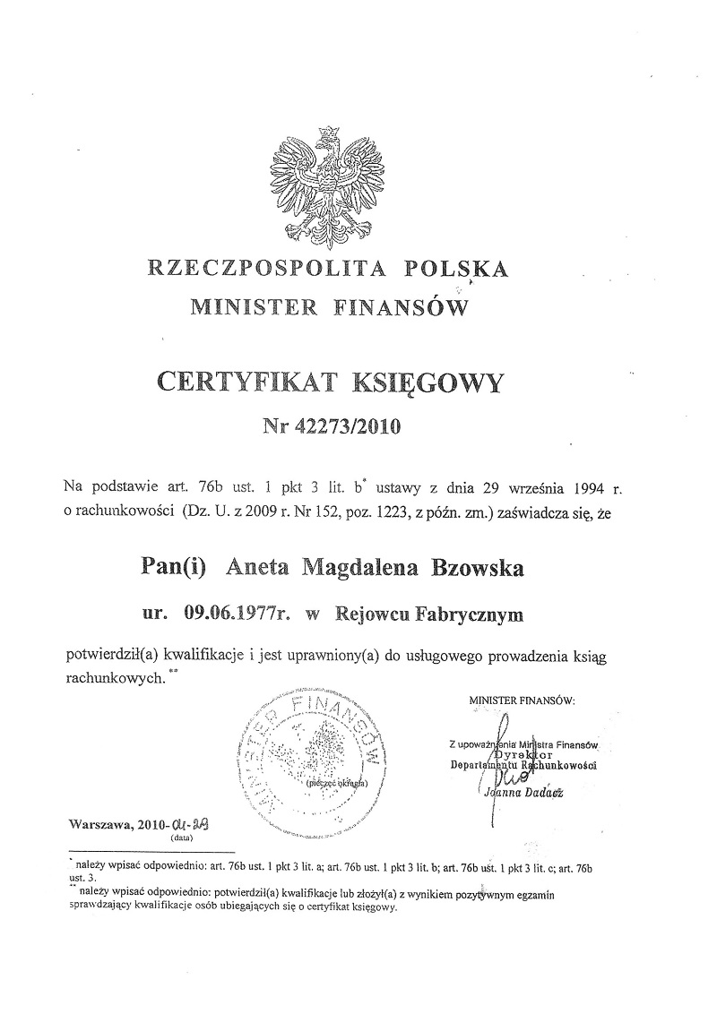 certyfikat księgowy 2010