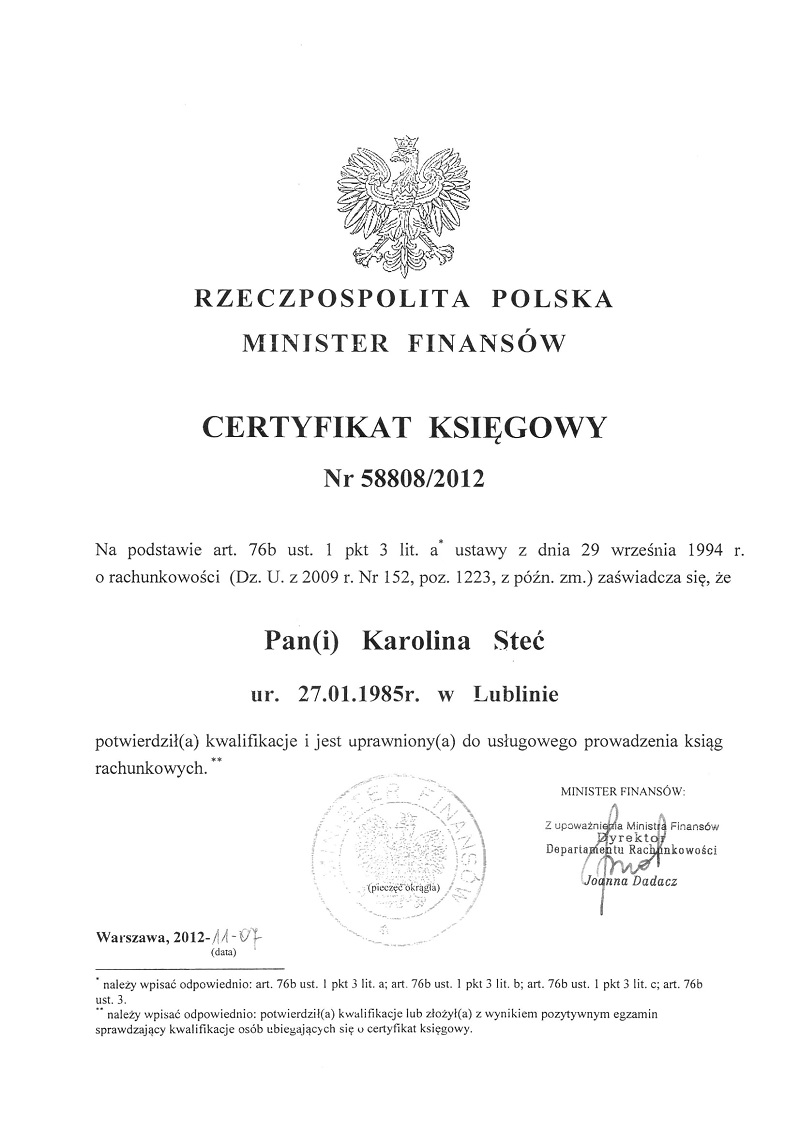 certyfikat księgowy 2012